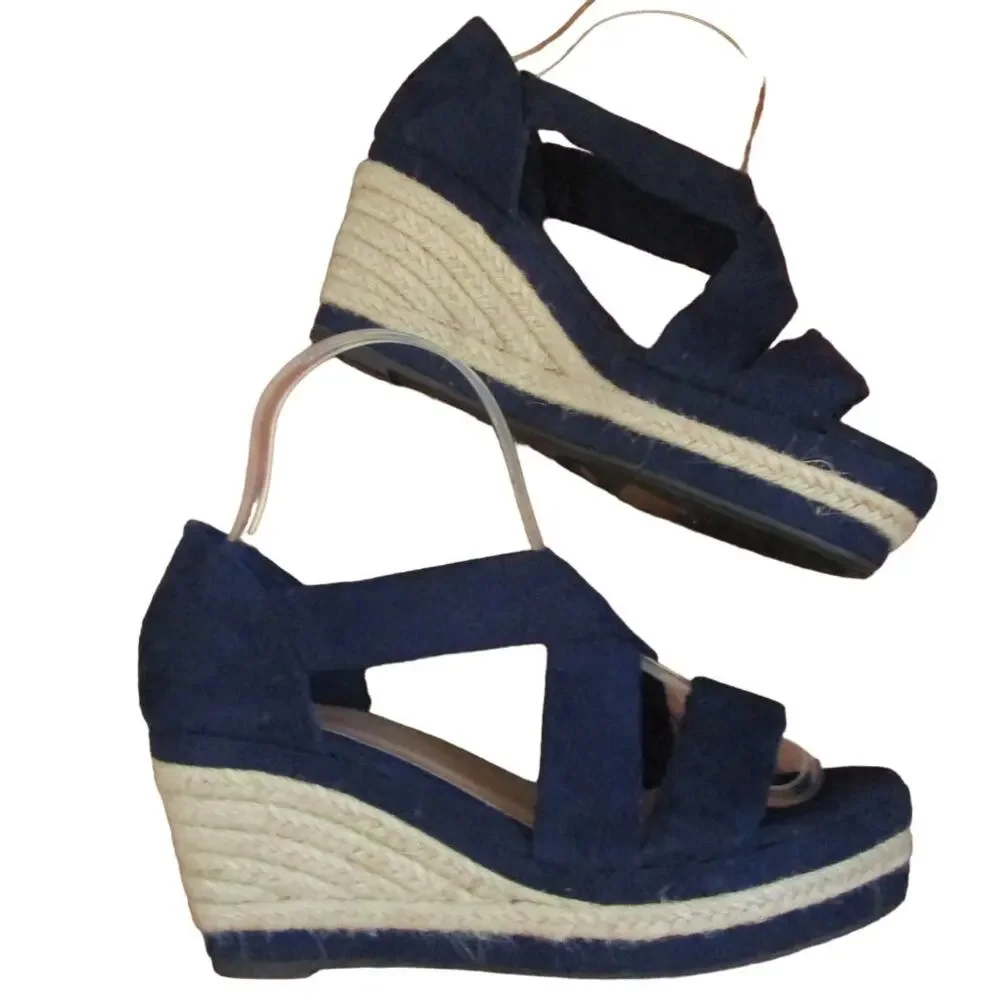 Royal Blue Wedge Espadrille Sandals Size 7 Strappy Open Toe 3in Heel Bohochic